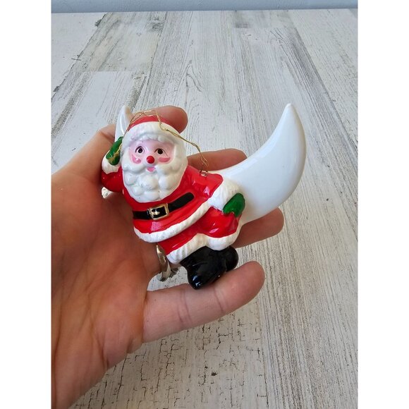 Vintage Enesco Santa Moon ceramic ornament red white shabby chic Xmas tree - Picture 7 of 7